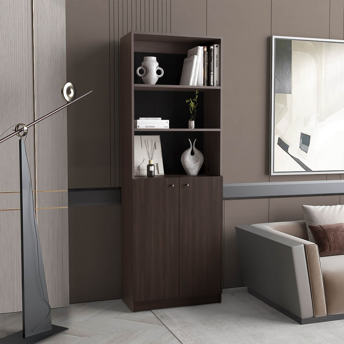 TUHOME CONCEPT Estantería alta Home M4 de 181 cm con 2 puertas y estantes abiertos, nogal europeo