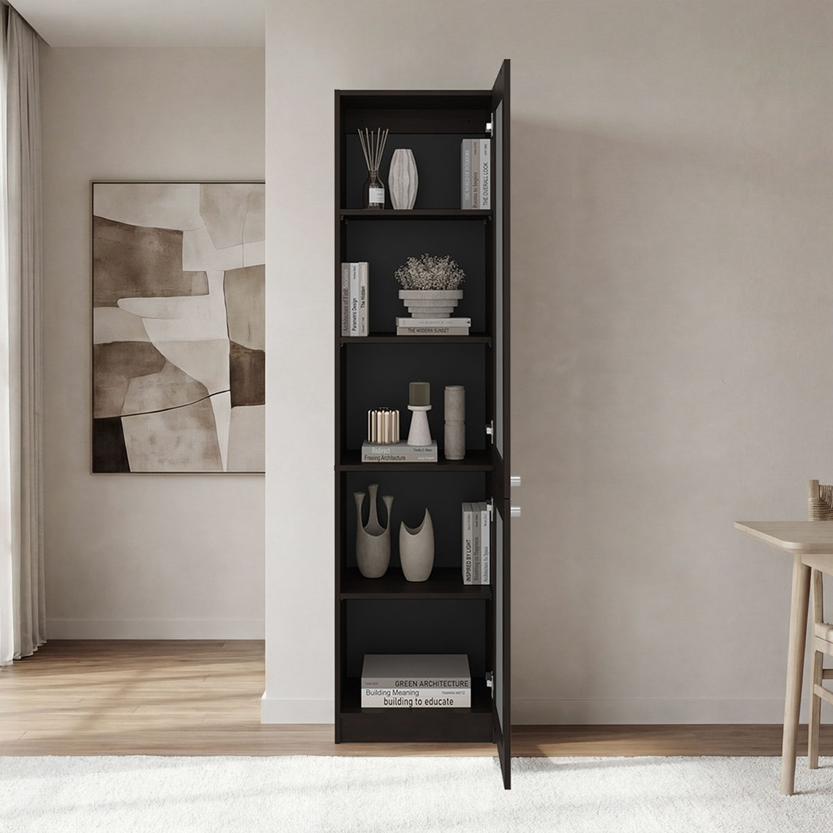 Estantería alta Copenhague de 181 cm con 2 puertas de vidrio acanalado, nogal y negro