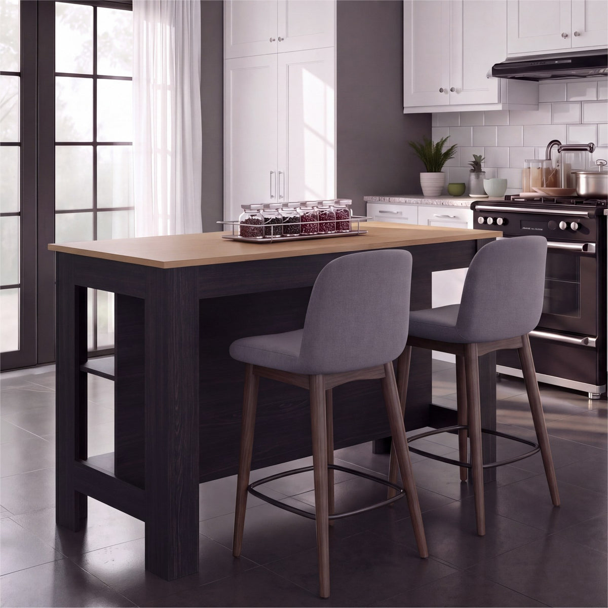 Isla de cocina Cala de 138 cm con estantes, wengué y fresno