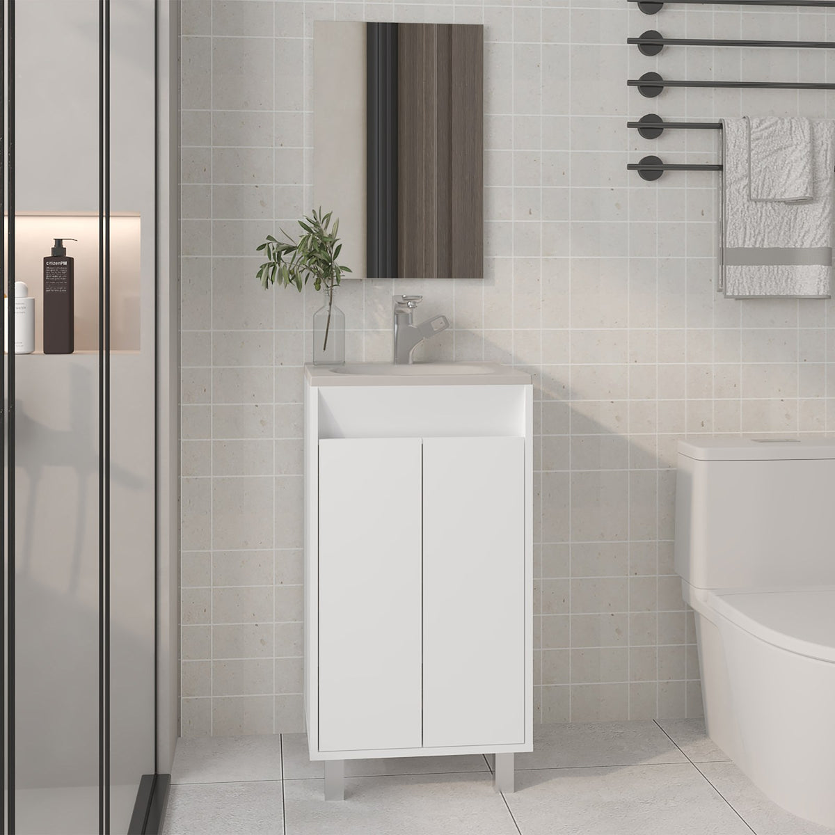 Conjunto de baño Brady de 45 cm con lavabo y espejo Bolonia, blanco