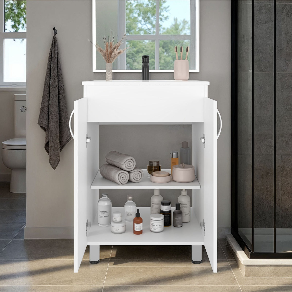 Mueble lavadero Foster de 60 cm con pila y 2 puertas, blanco