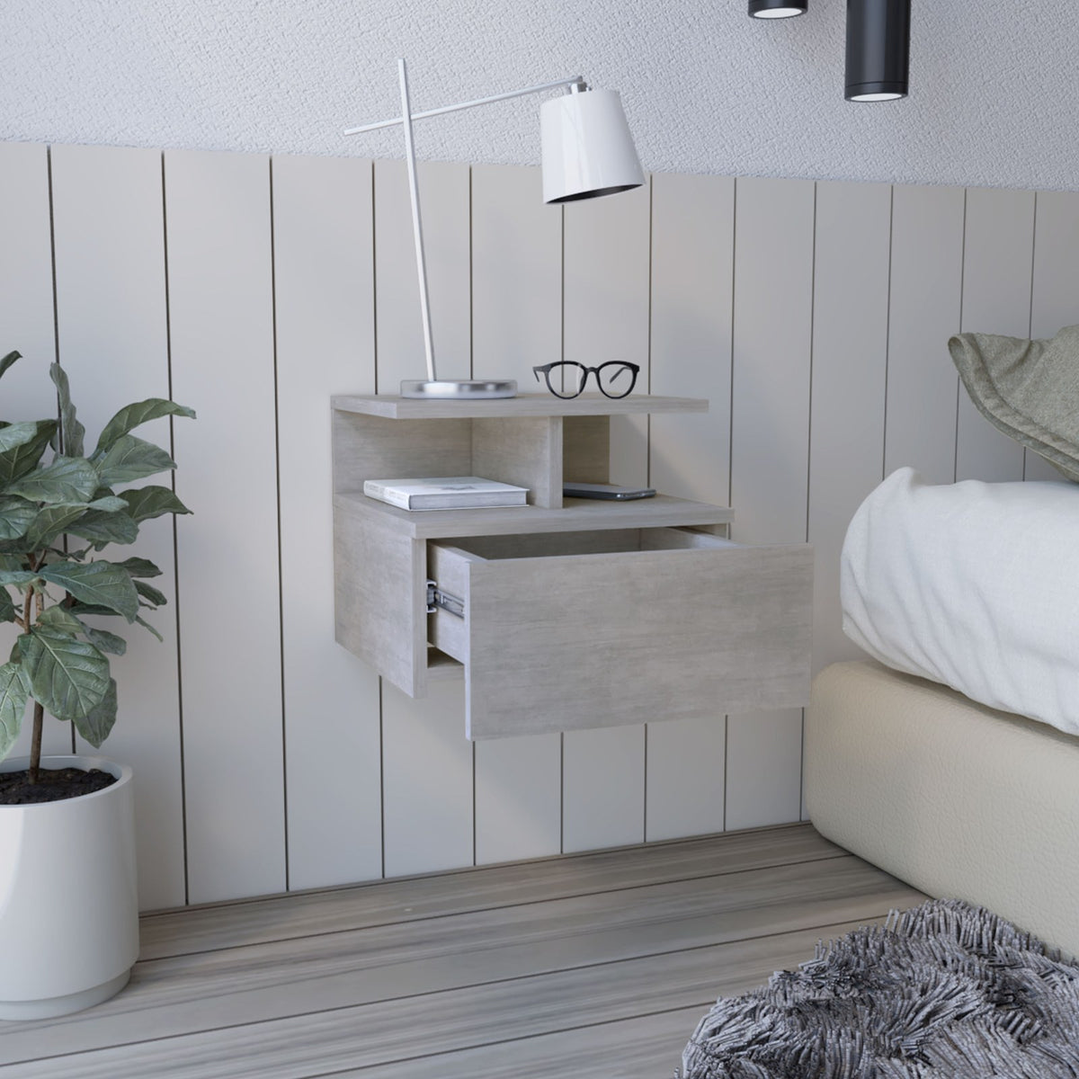 TUHOME CONCEPT Mesita de noche flotante Adele de 36 cm con cajón, cemento