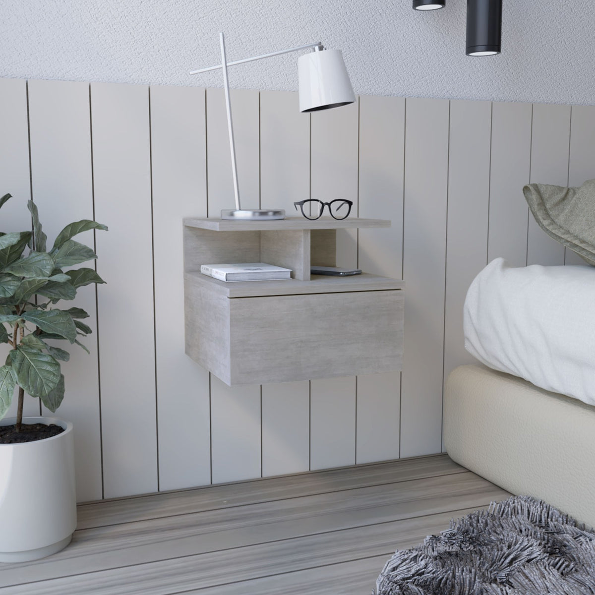 TUHOME CONCEPT Mesita de noche flotante Adele de 36 cm con cajón, cemento
