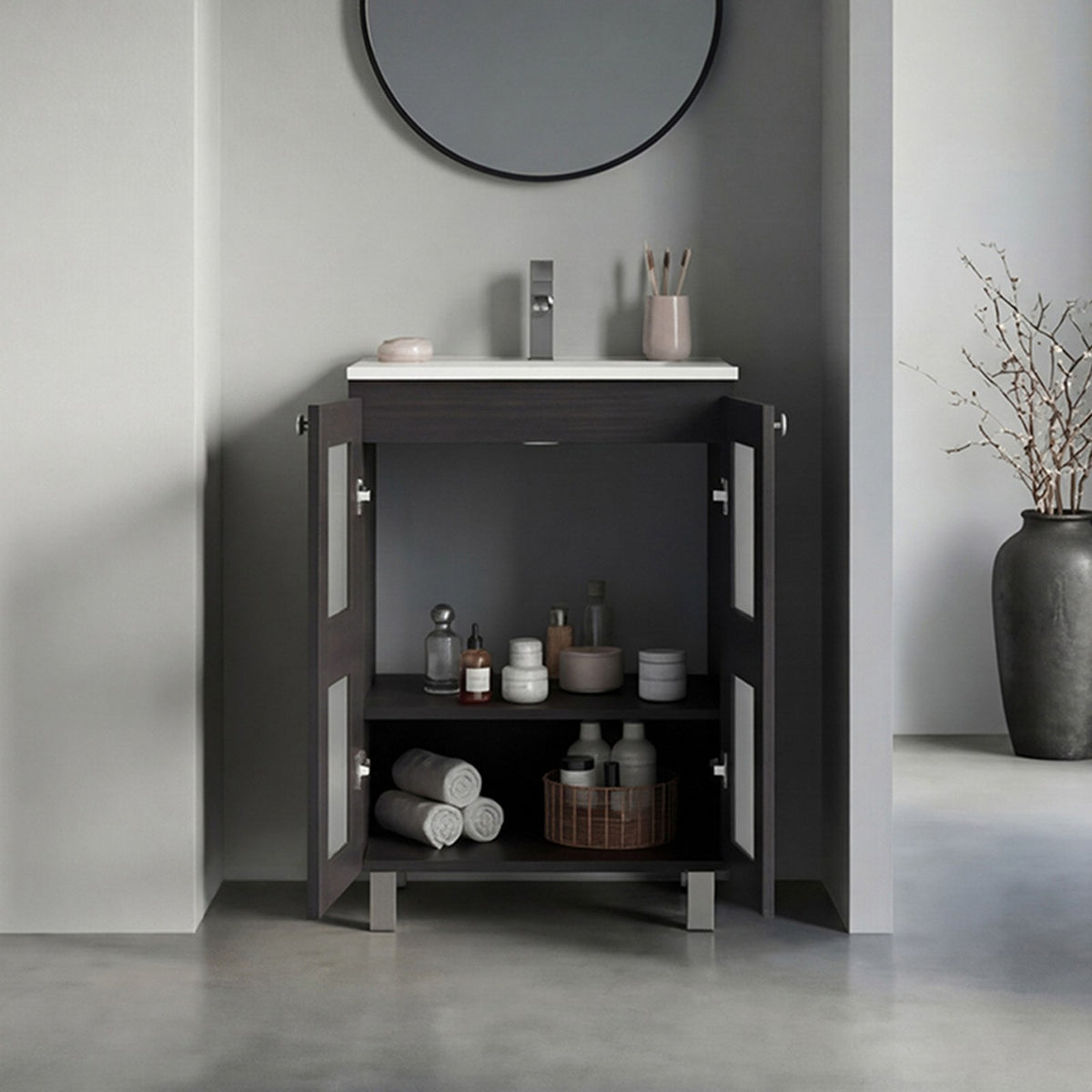 Mueble de lavabo Haysi de 59 cm con lavabo y 2 puertas, wengué