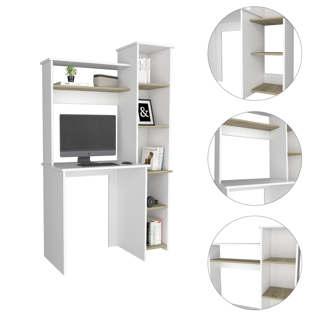 TUHOME CONCEPT Escritorio Heinrich de 98 cm con estantería, blanco y roble claro
