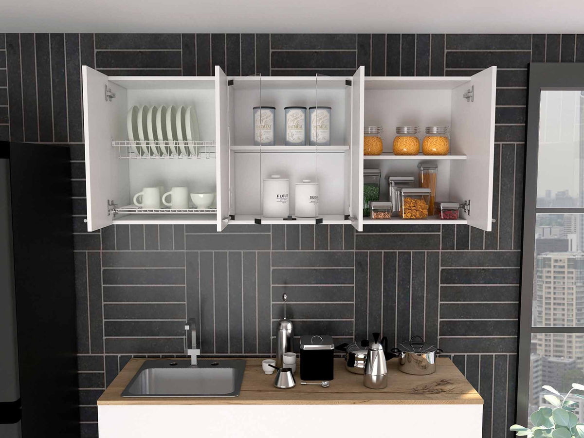 TUHOME CONCEPT Mueble alto de cocina de 150 cm con escurreplatos, 2 puertas de cristal y 4 puertas, blanco