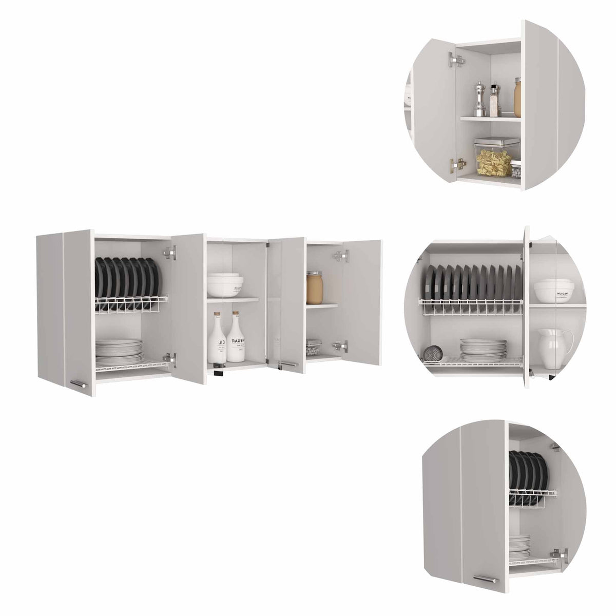 TUHOME CONCEPT Mueble alto de cocina de 150 cm con escurreplatos, 2 puertas de cristal y 4 puertas, blanco