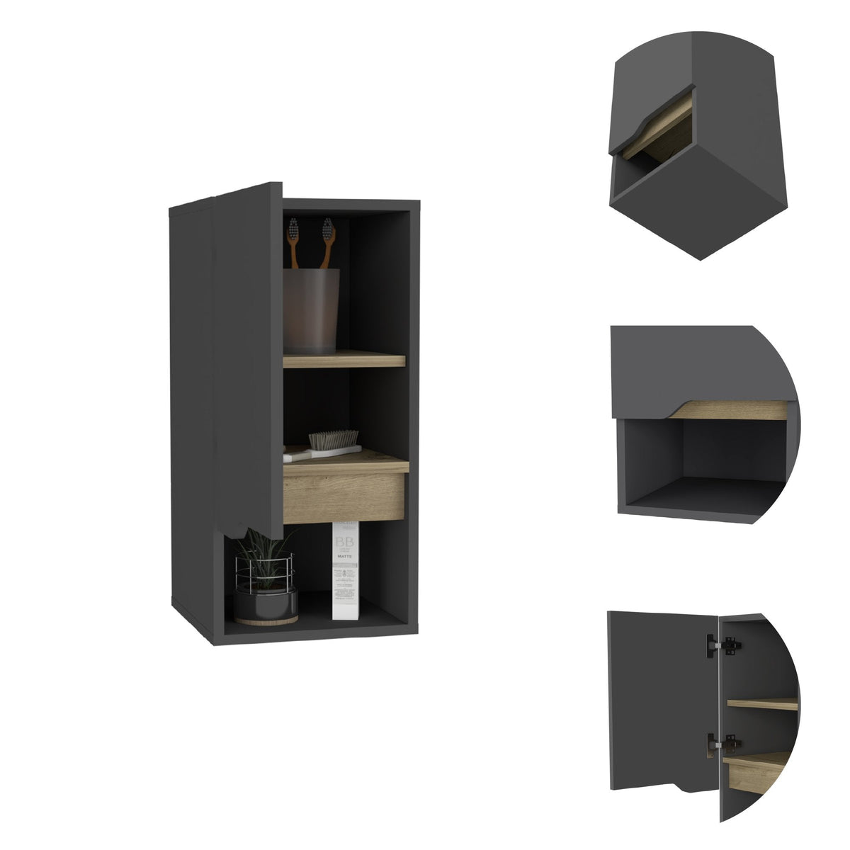 TUHOME CONCEPT Armario colgante de baño Laurent de 30 cm con 1 puerta, gris plomo y roble arena