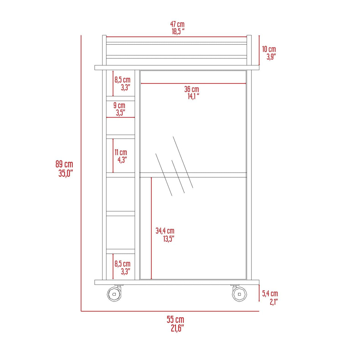 TUHOME CONCEPT Carrito de bar Dukat de 55 cm con puerta de cristal, botellero y ruedas, gris carbón