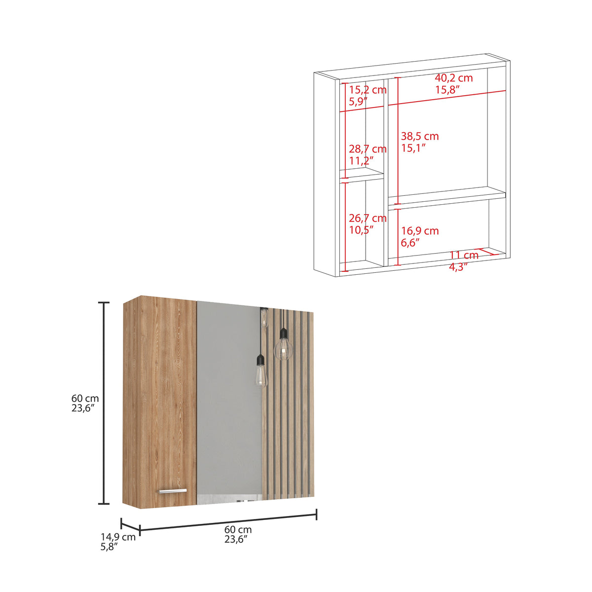 TUHOME CONCEPT Armario de baño con espejo Barcelona de 60 cm, roble miel