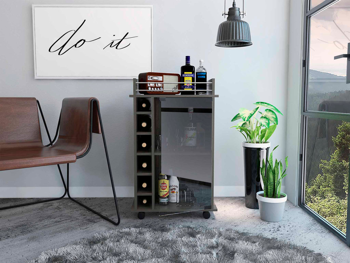 TUHOME CONCEPT Carrito de bar Dukat de 55 cm con puerta de cristal, botellero y ruedas, gris carbón