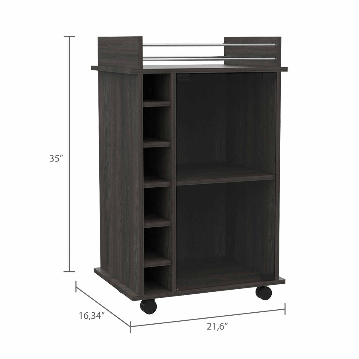 TUHOME CONCEPT Carrito de bar Dukat de 55 cm con puerta de cristal, botellero y ruedas, gris carbón