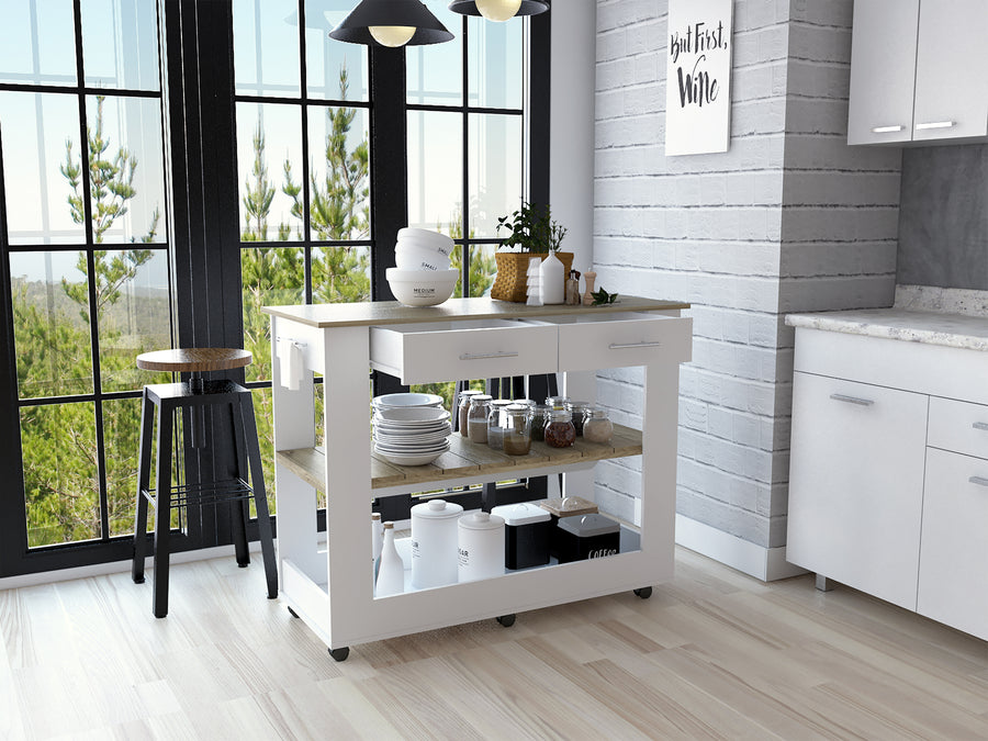 Isla de cocina Cala de 116 cm con 2 cajones y ruedas, blanco y roble arena