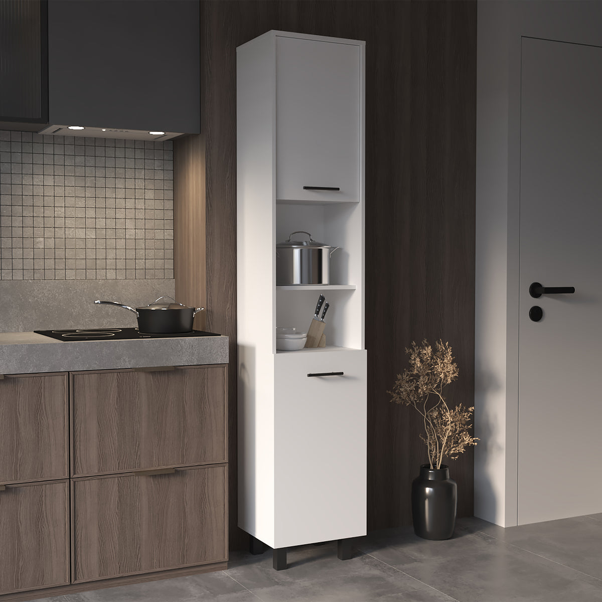TUHOME CONCEPT Despensa de cocina Hobart de 202 cm con 2 puertas y huecos abiertos, blanco
