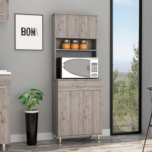 Despensa de cocina Della en melamina con 5 estantes , 4 puertas , espacio para microondas y 1 cajon de riel metalico , gris , 169 cm X 60 cm X 35 cm