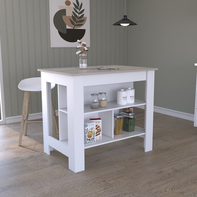 Isla de cocina Cala de 103 cm, gris ceniza y blanco