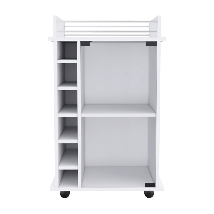 TUHOME CONCEPT Carrito de bar Dukat de 55 cm con puerta de cristal, botellero y ruedas, blanco