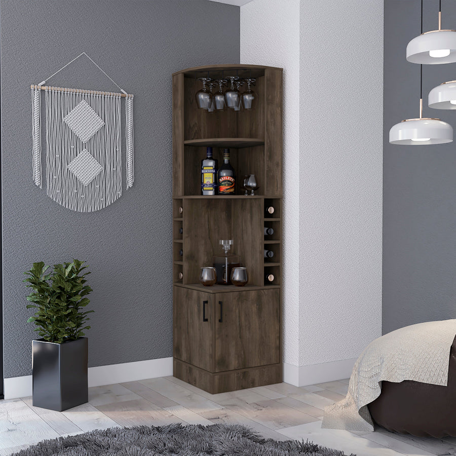 Mueble bar esquinero Syrah de 181 cm con colgador de copas y 2 puertas, roble oscuro