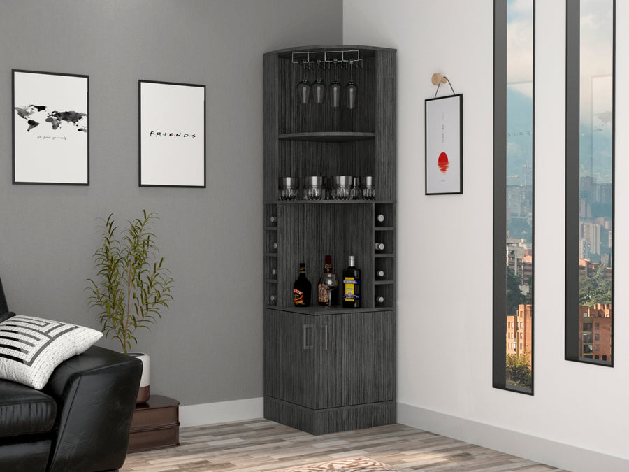 Mueble bar esquinero Syrah de 181 cm con colgador de copas, roble gris