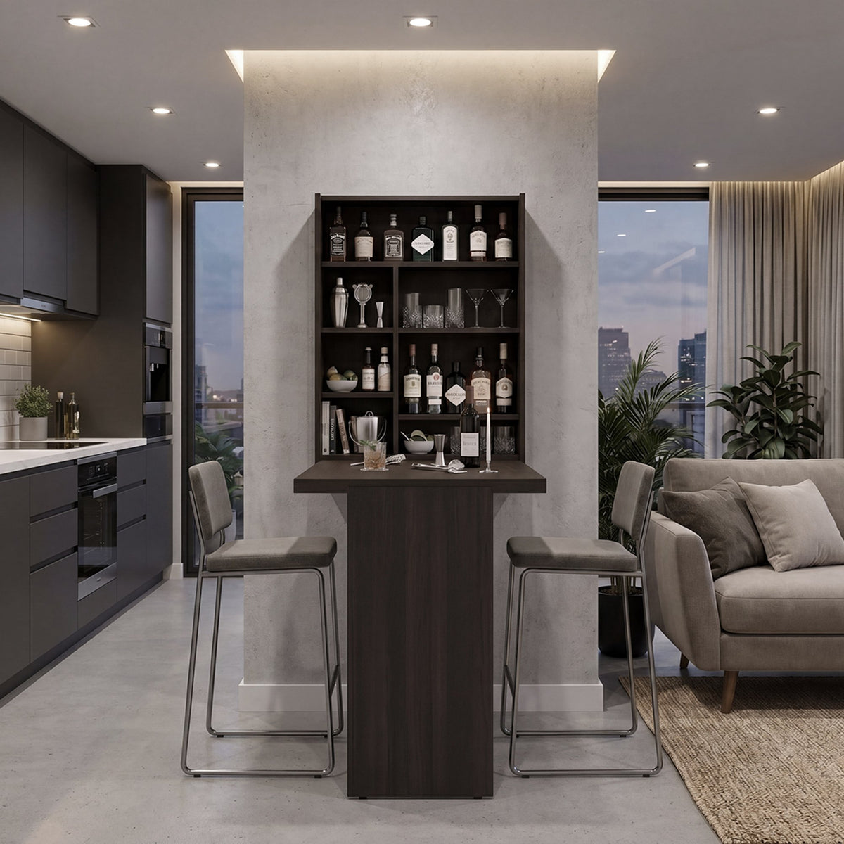 TUHOME CONCEPT Mueble bar de pared plegable Vatta con mesa abatible y estantes, 60 cm, nogal