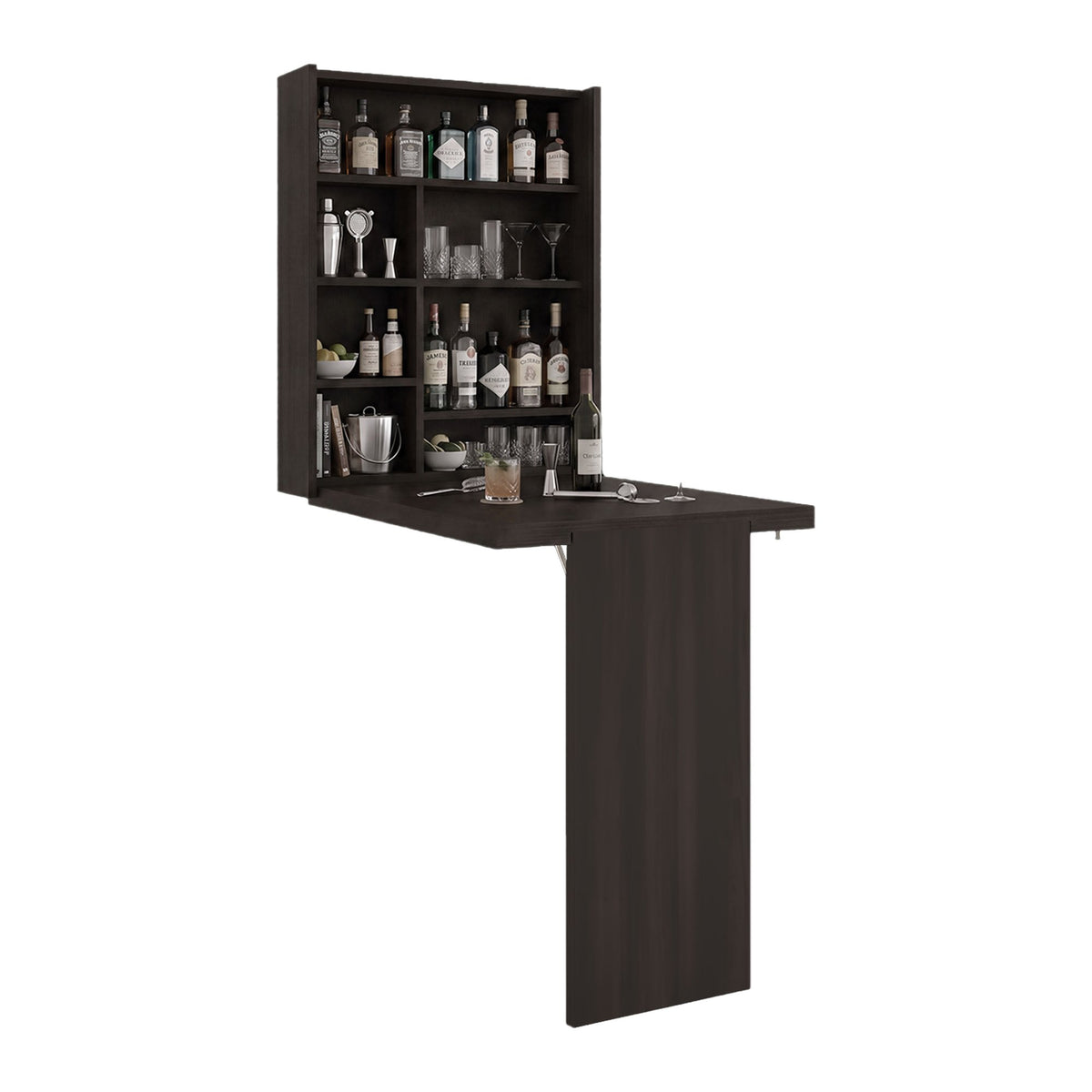 TUHOME CONCEPT Mueble bar de pared plegable Vatta con mesa abatible y estantes, 60 cm, nogal