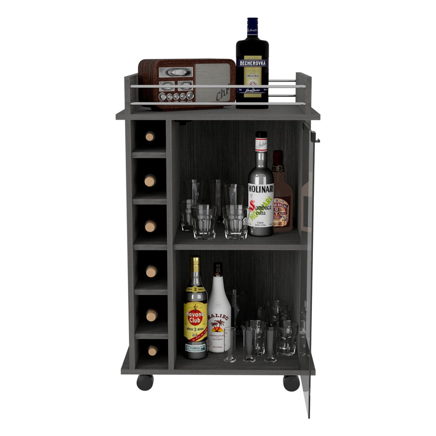 Carrito de bar Dukat 55 cm con ruedas y puerta de cristal, wengué / roble gris