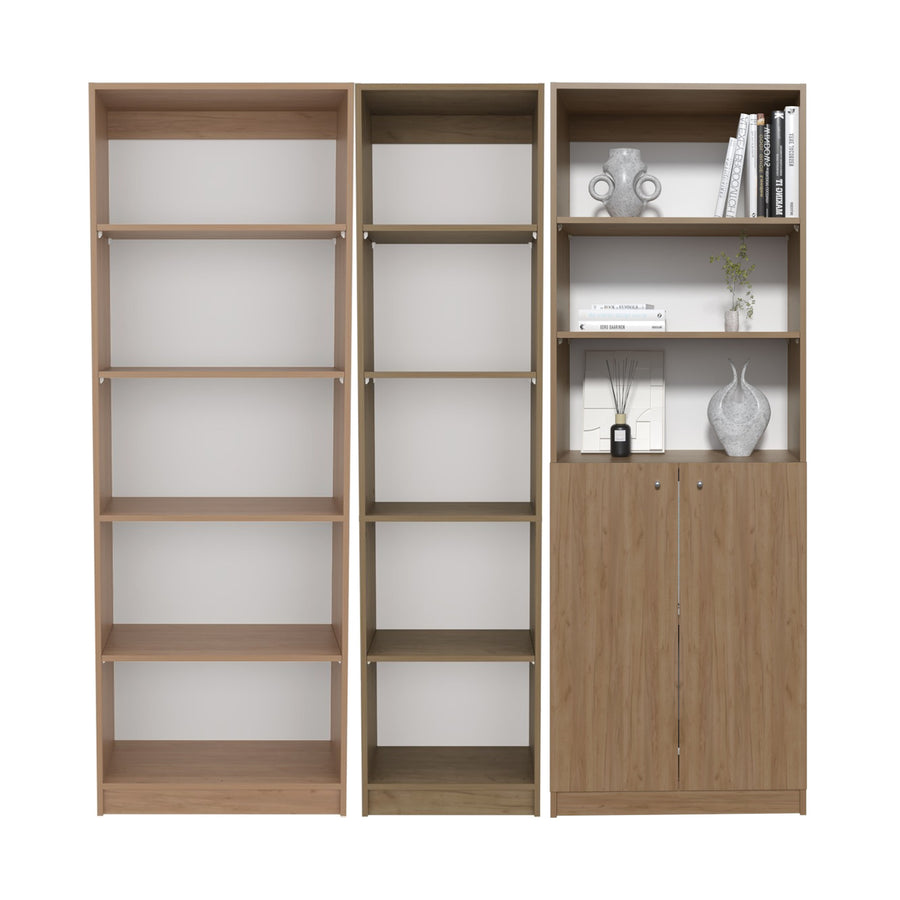 TUHOME CONCEPT Conjunto de 3 librerías Home de 181 cm: 1 abierta de 5 huecos + 1 XS de 45 cm + 1 con 2 puertas, fresno