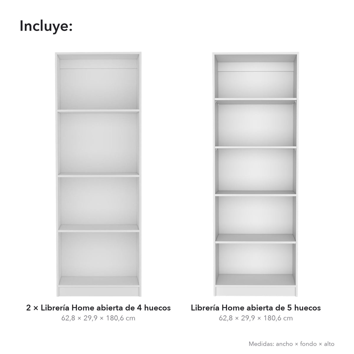 Conjunto de 3 librerías Home de 181 cm: 2 abiertas de 4 huecos + 1 abierta de 5 huecos, blanco
