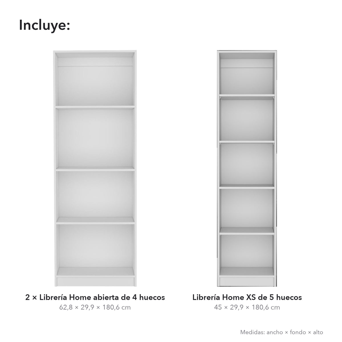 Conjunto de 3 librerías Home de 181 cm: 2 abiertas de 4 huecos + 1 XS de 45 cm, blanco