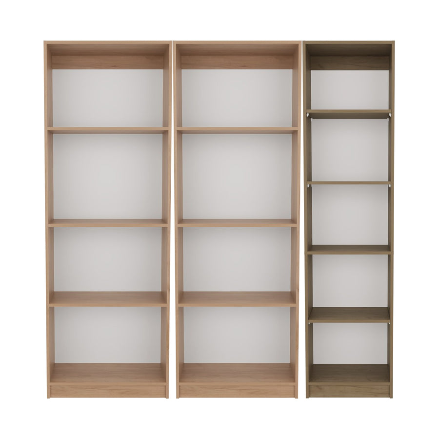 Conjunto de 3 librerías Home de 181 cm: 2 abiertas de 4 huecos + 1 XS de 45 cm, fresno