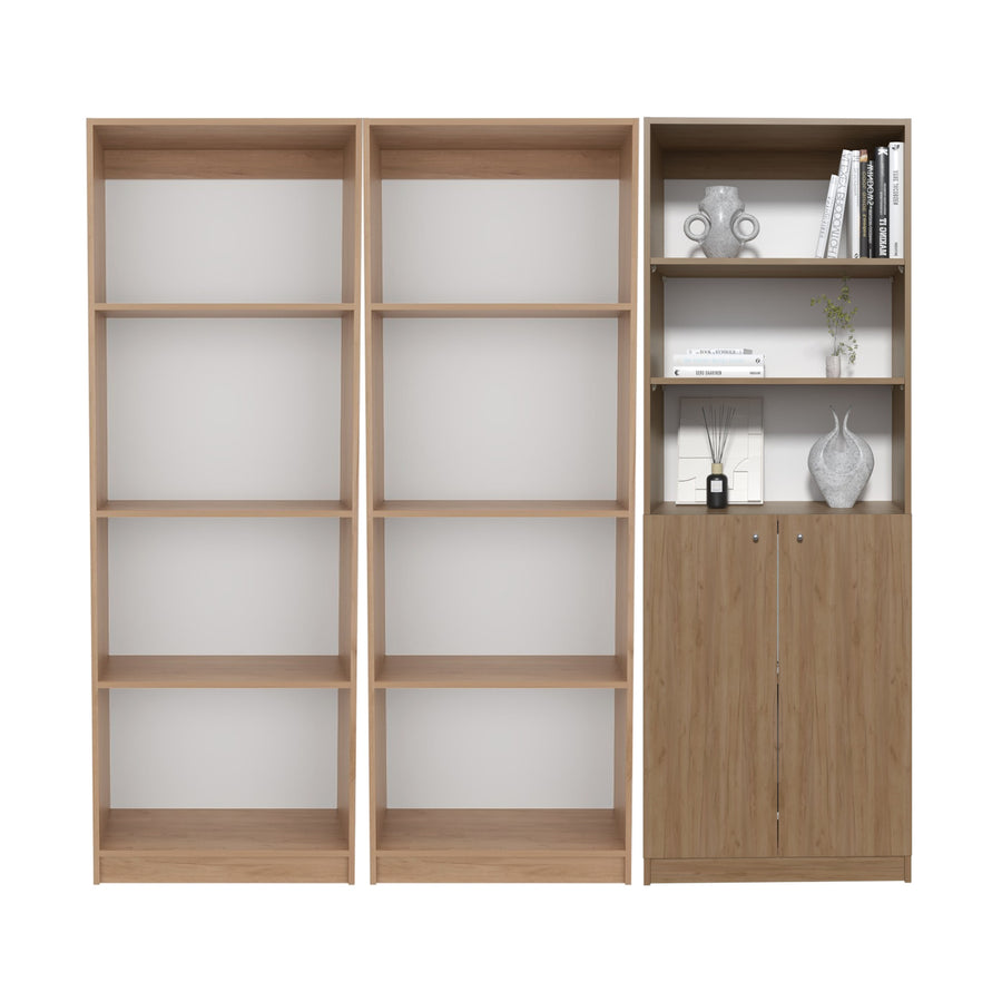 TUHOME CONCEPT Conjunto de 3 librerías Home de 181 cm: 2 abiertas de 4 huecos + 1 con 2 puertas, fresno