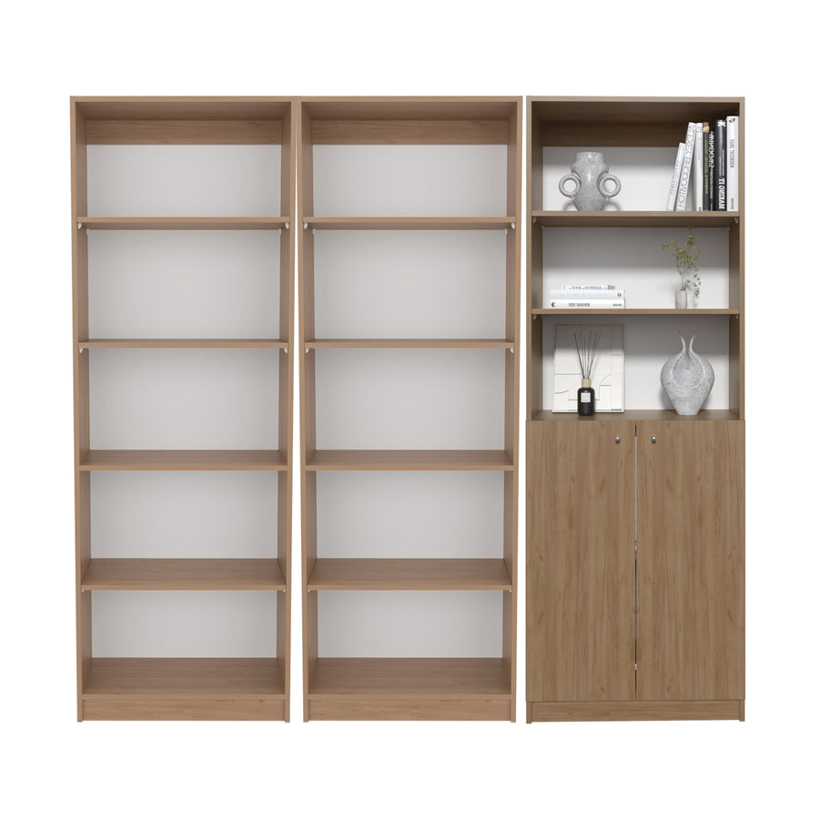 Conjunto de 3 librerías Home de 181 cm: 2 abiertas de 5 huecos + 1 con 2 puertas, fresno