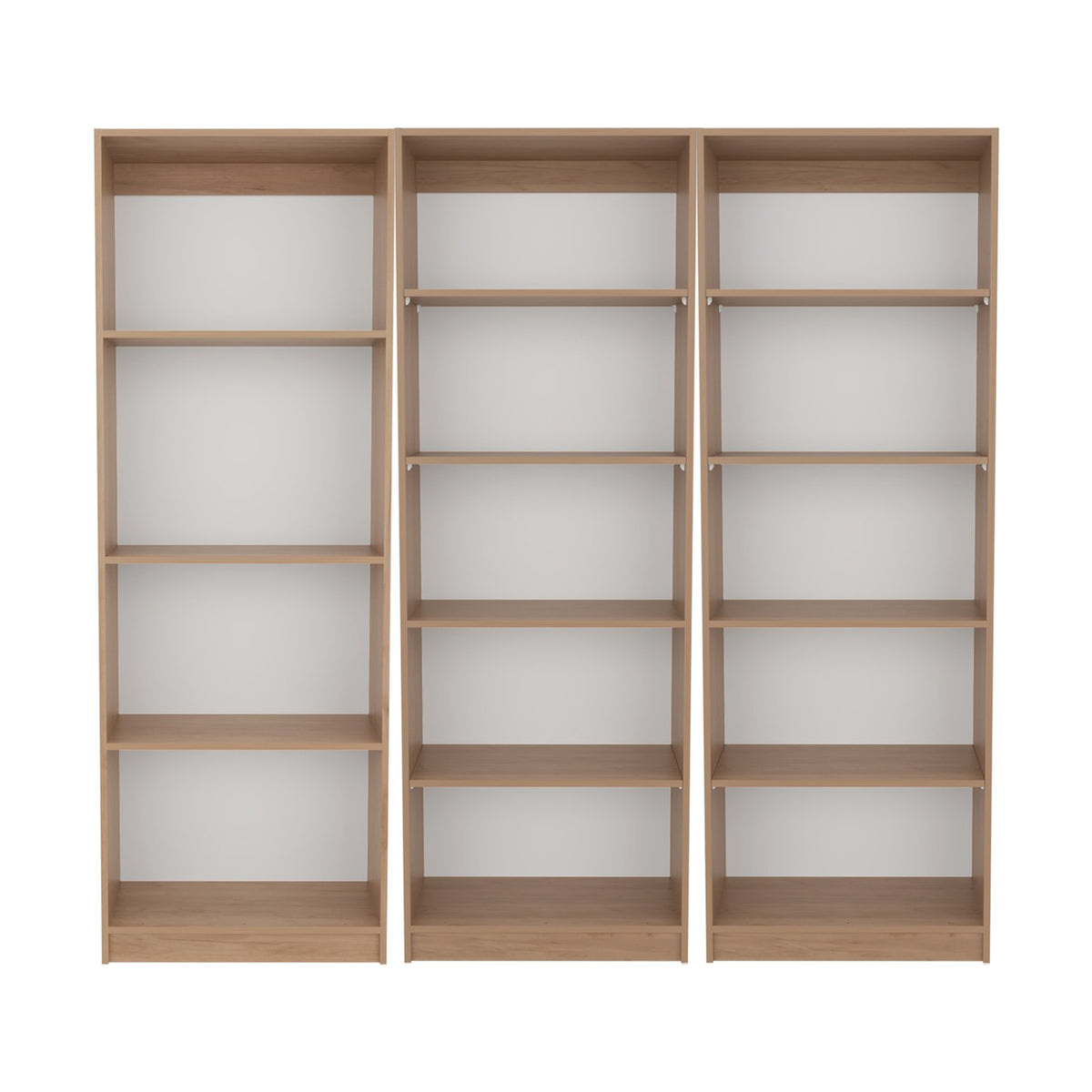 Conjunto de 3 librerías Home de 181 cm: 1 abierta de 4 huecos + 2 abiertas de 5 huecos, fresno