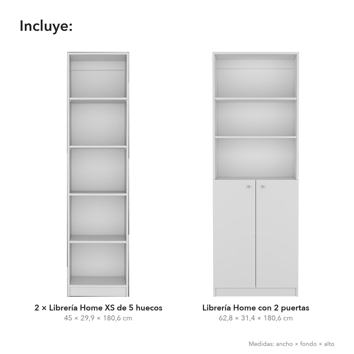 Conjunto de 3 librerías Home de 181 cm: 2 XS de 45 cm + 1 con 2 puertas, blanco