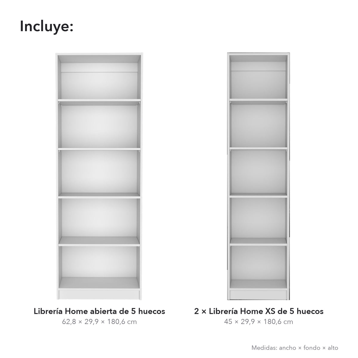 Conjunto de 3 librerías Home de 181 cm: 1 abierta de 5 huecos + 2 XS de 45 cm, blanco