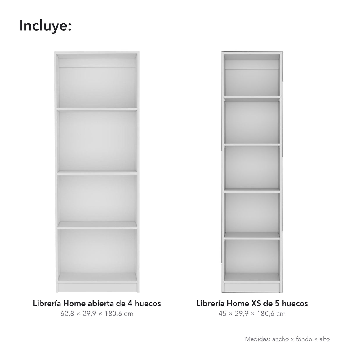Conjunto de 2 librerías Home de 181 cm: 1 abierta de 4 huecos + 1 XS de 45 cm, blanco