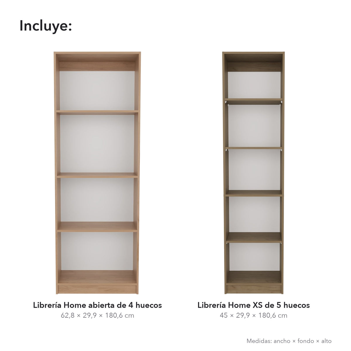 Conjunto de 2 librerías Home de 181 cm: 1 abierta de 4 huecos + 1 XS de 45 cm, fresno