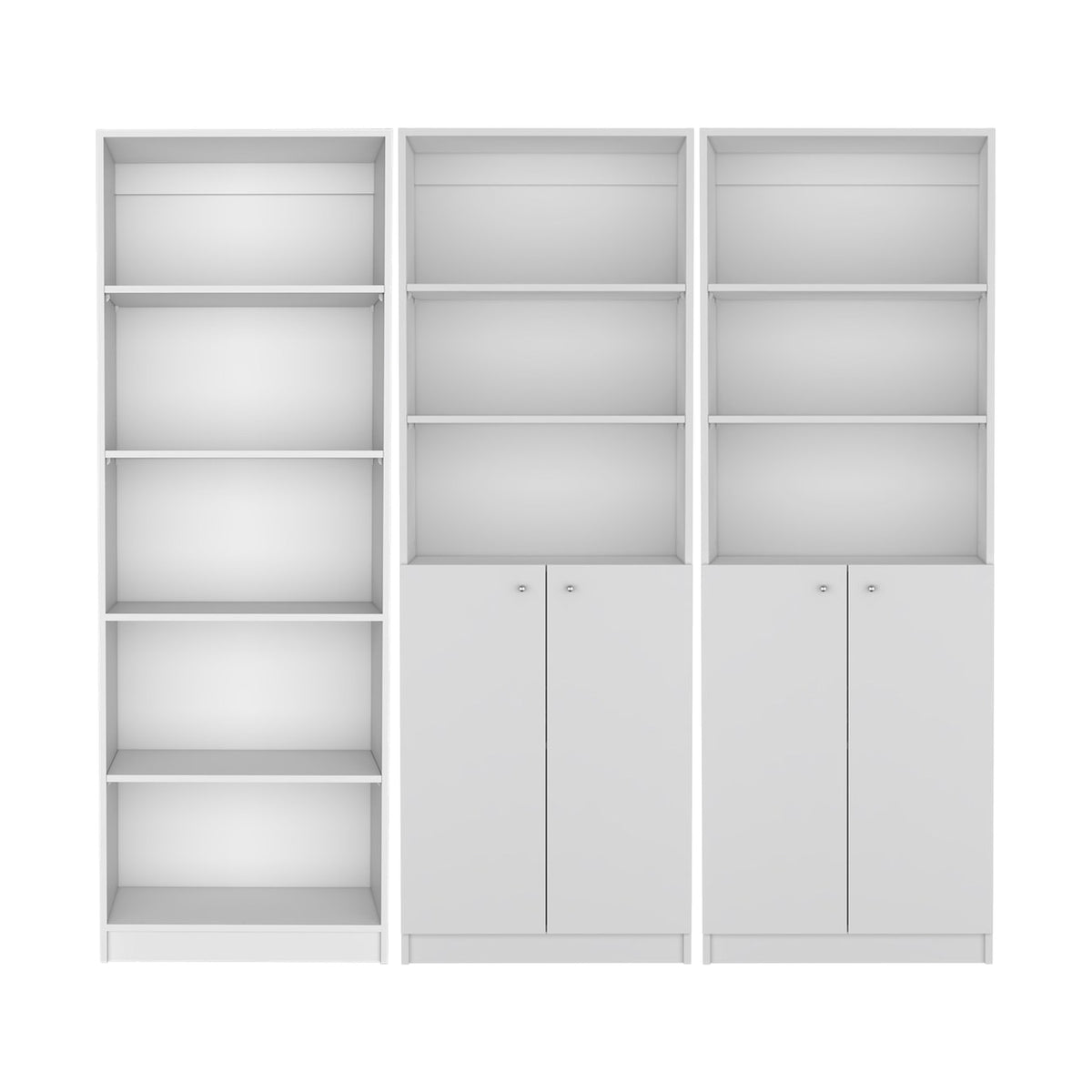 Conjunto de 3 librerías Home de 181 cm: 1 abierta de 5 huecos + 2 con 2 puertas, blanco