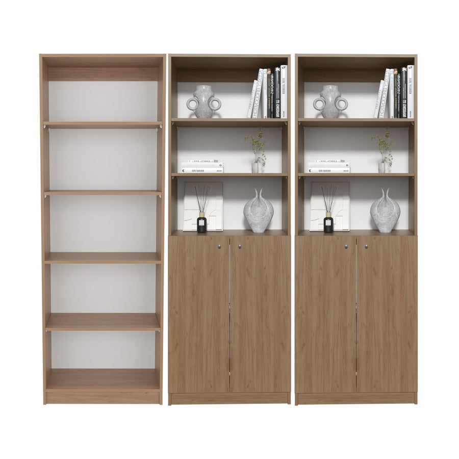 TUHOME CONCEPT Conjunto de 3 librerías Home de 181 cm: 1 abierta de 5 huecos + 2 con 2 puertas, fresno