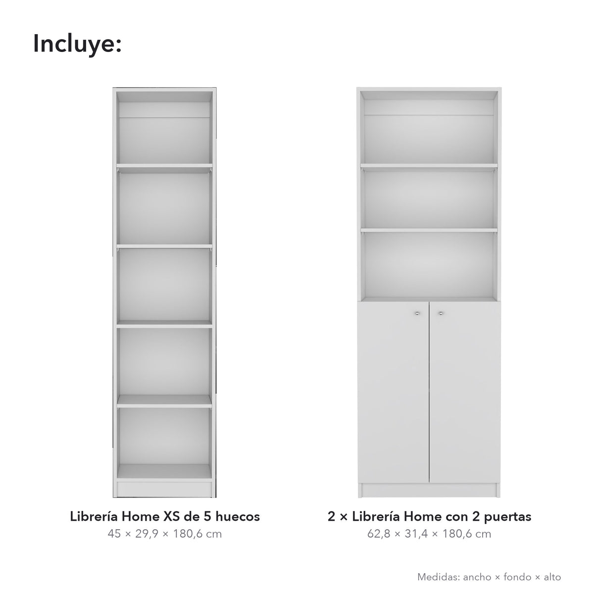 Conjunto de 3 librerías Home de 181 cm: 1 XS de 45 cm + 2 con 2 puertas, blanco