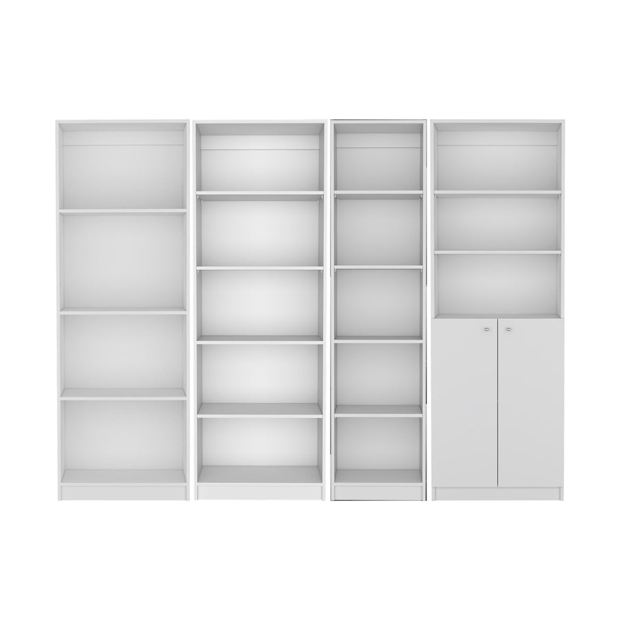 Conjunto de 4 librerías Home de 181 cm: 1 abierta de 4 huecos + 1 abierta de 5 huecos + 1 XS de 45 cm + 1 con 2 puertas, blanco