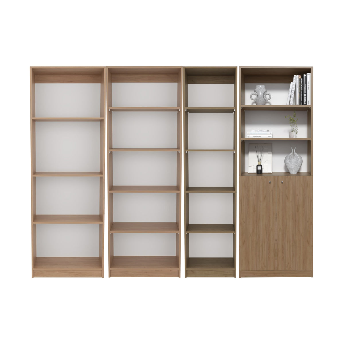 Conjunto de 4 librerías Home de 181 cm: 1 abierta de 4 huecos + 1 abierta de 5 huecos + 1 XS de 45 cm + 1 con 2 puertas, fresno