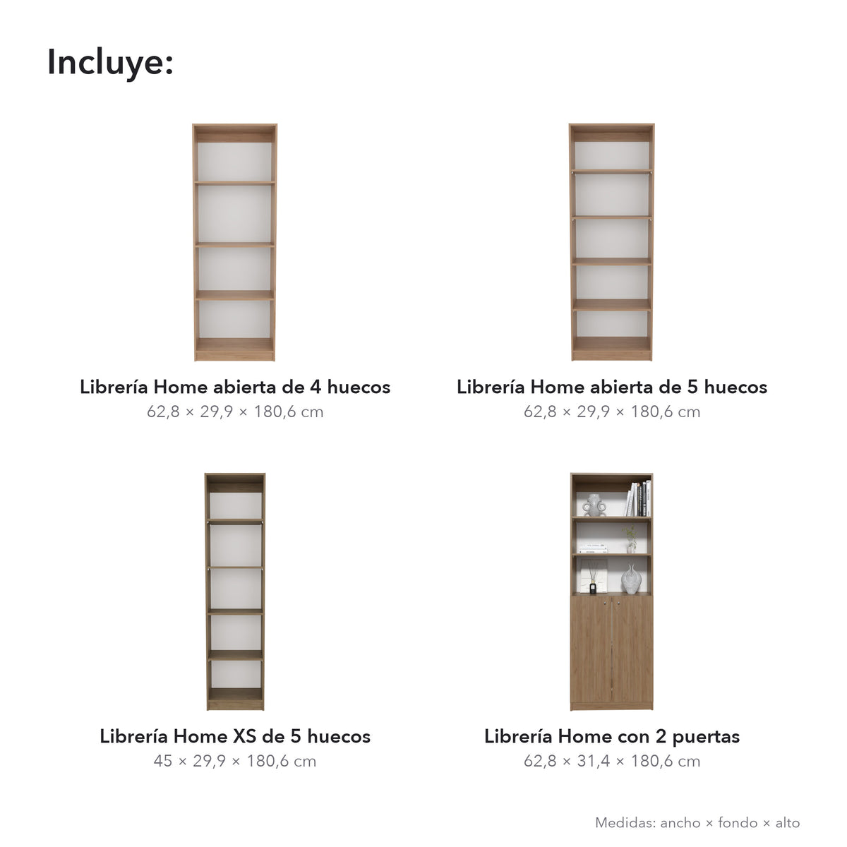 Conjunto de 4 librerías Home de 181 cm: 1 abierta de 4 huecos + 1 abierta de 5 huecos + 1 XS de 45 cm + 1 con 2 puertas, fresno