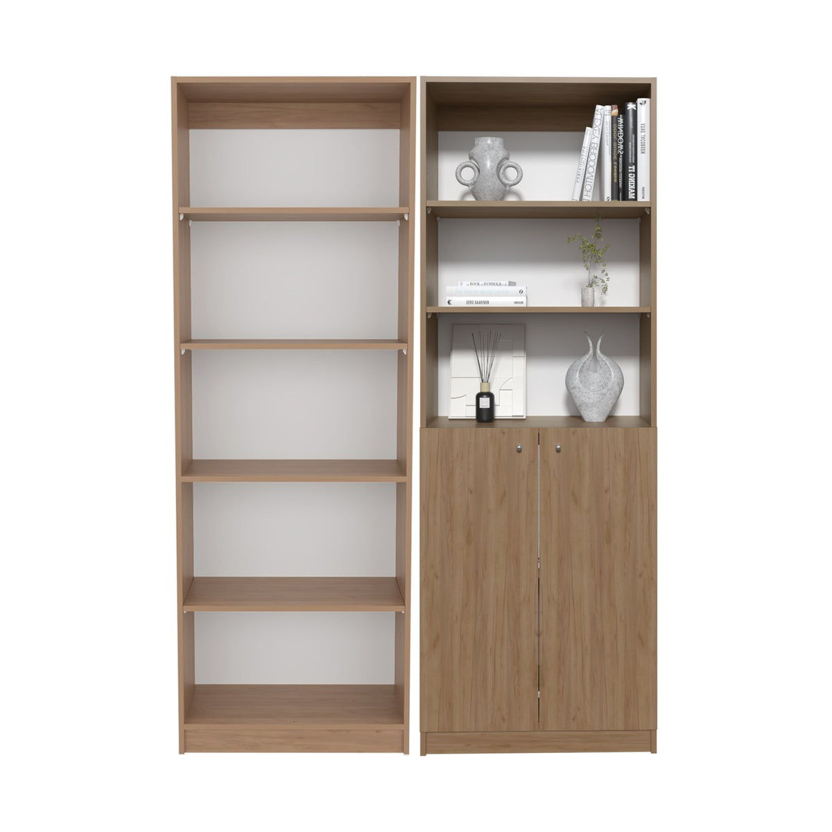Conjunto de 2 librerías Home de 181 cm: 1 abierta de 5 huecos + 1 con 2 puertas, fresno