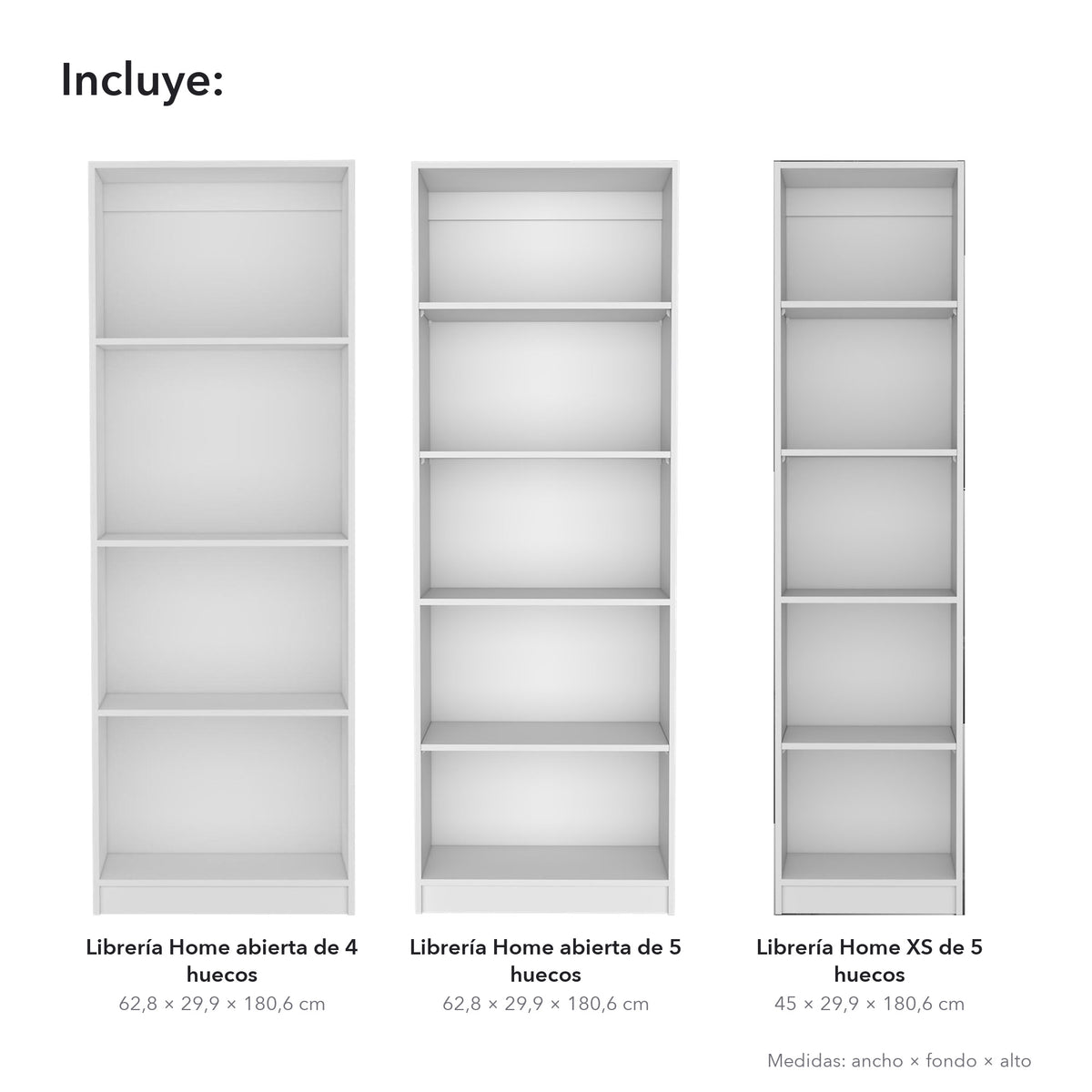 Conjunto de 3 librerías Home de 181 cm: 1 abierta de 4 huecos + 1 abierta de 5 huecos + 1 XS de 45 cm, blanco