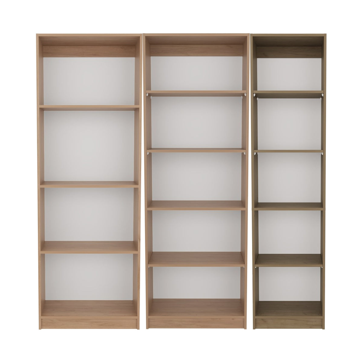 Conjunto de 3 librerías Home de 181 cm: 1 abierta de 4 huecos + 1 abierta de 5 huecos + 1 XS de 45 cm, fresno