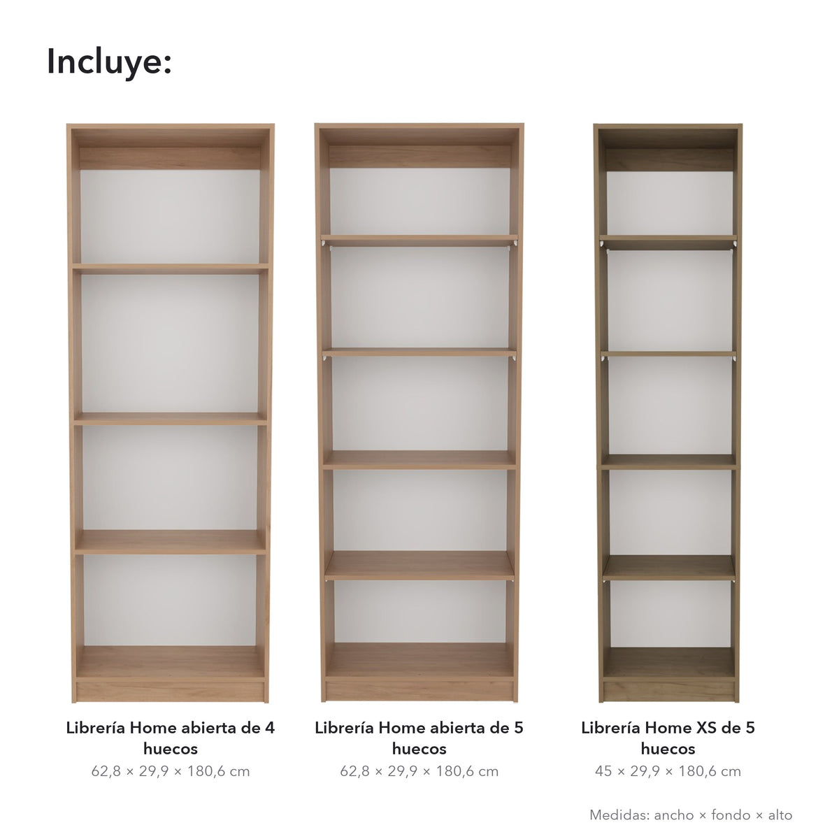 Conjunto de 3 librerías Home de 181 cm: 1 abierta de 4 huecos + 1 abierta de 5 huecos + 1 XS de 45 cm, fresno