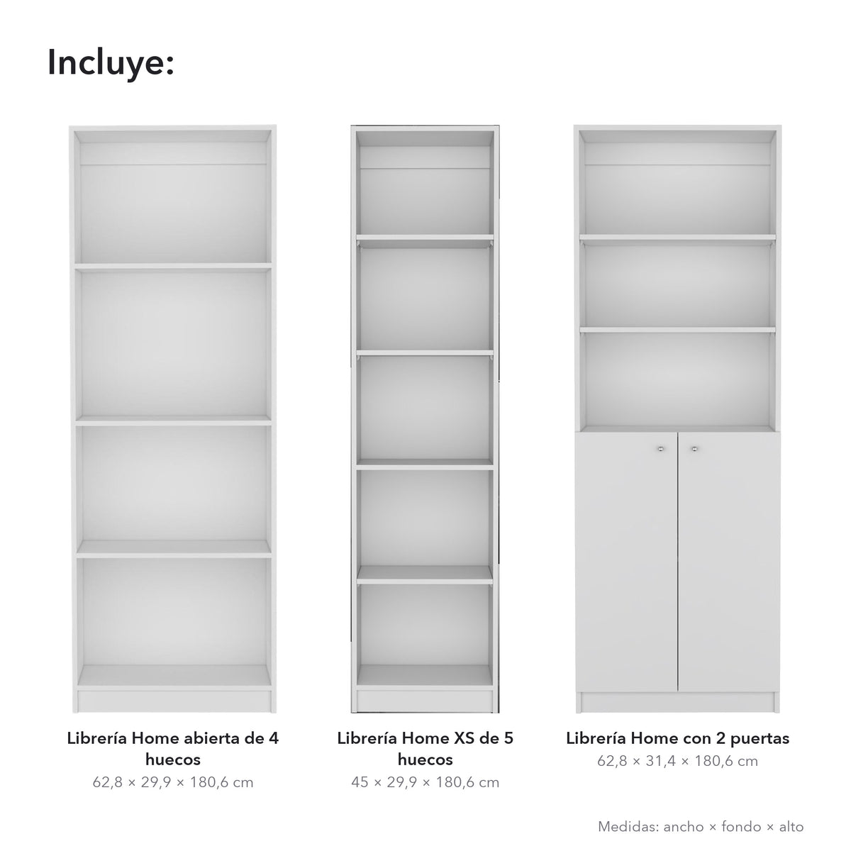 Conjunto de 3 librerías Home de 181 cm: 1 abierta de 4 huecos + 1 XS de 45 cm + 1 con 2 puertas, blanco
