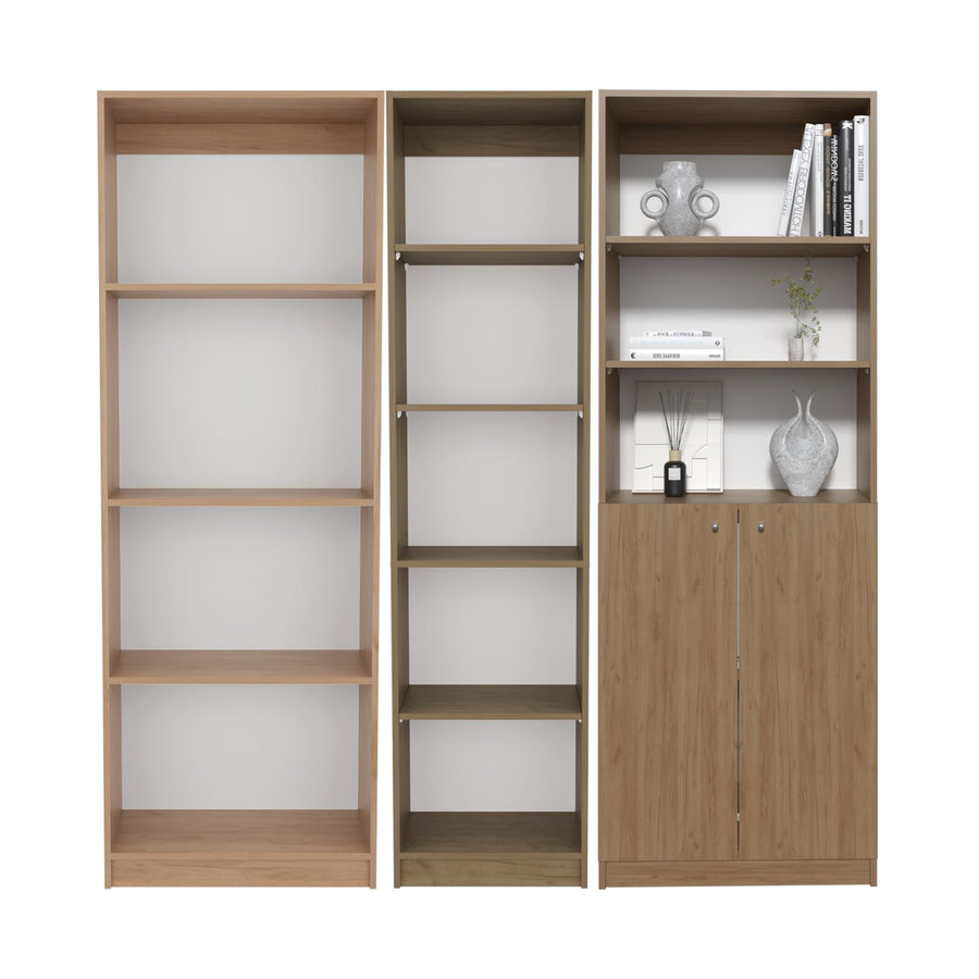 TUHOME CONCEPT Conjunto de 3 librerías Home de 181 cm: 1 abierta de 4 huecos + 1 XS de 45 cm + 1 con 2 puertas, fresno