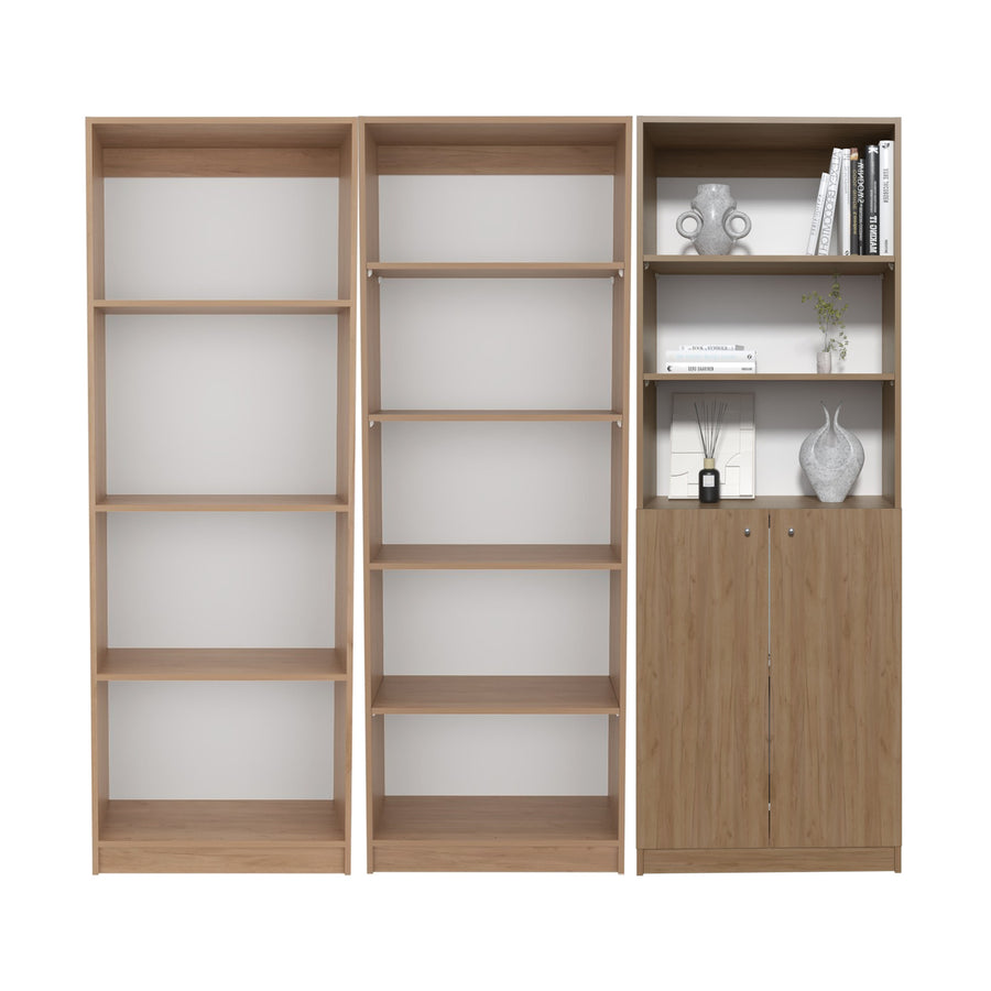 TUHOME CONCEPT Conjunto de 3 librerías Home de 181 cm: 1 abierta de 4 huecos + 1 abierta de 5 huecos + 1 con 2 puertas, fresno